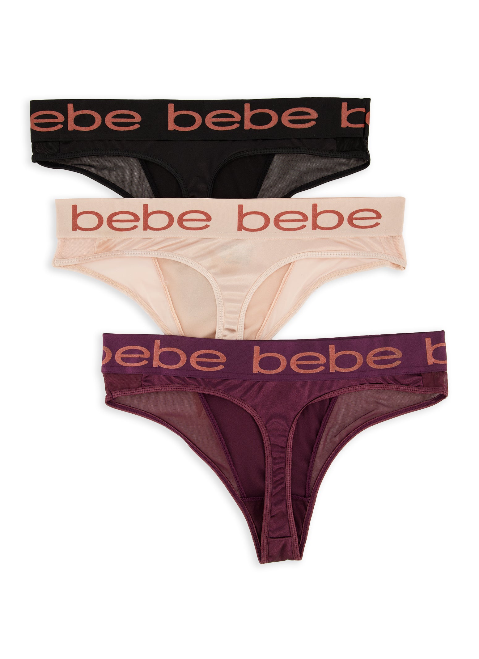 Plus Size Bebe 3 Pack Mesh Thong Panties - Purple